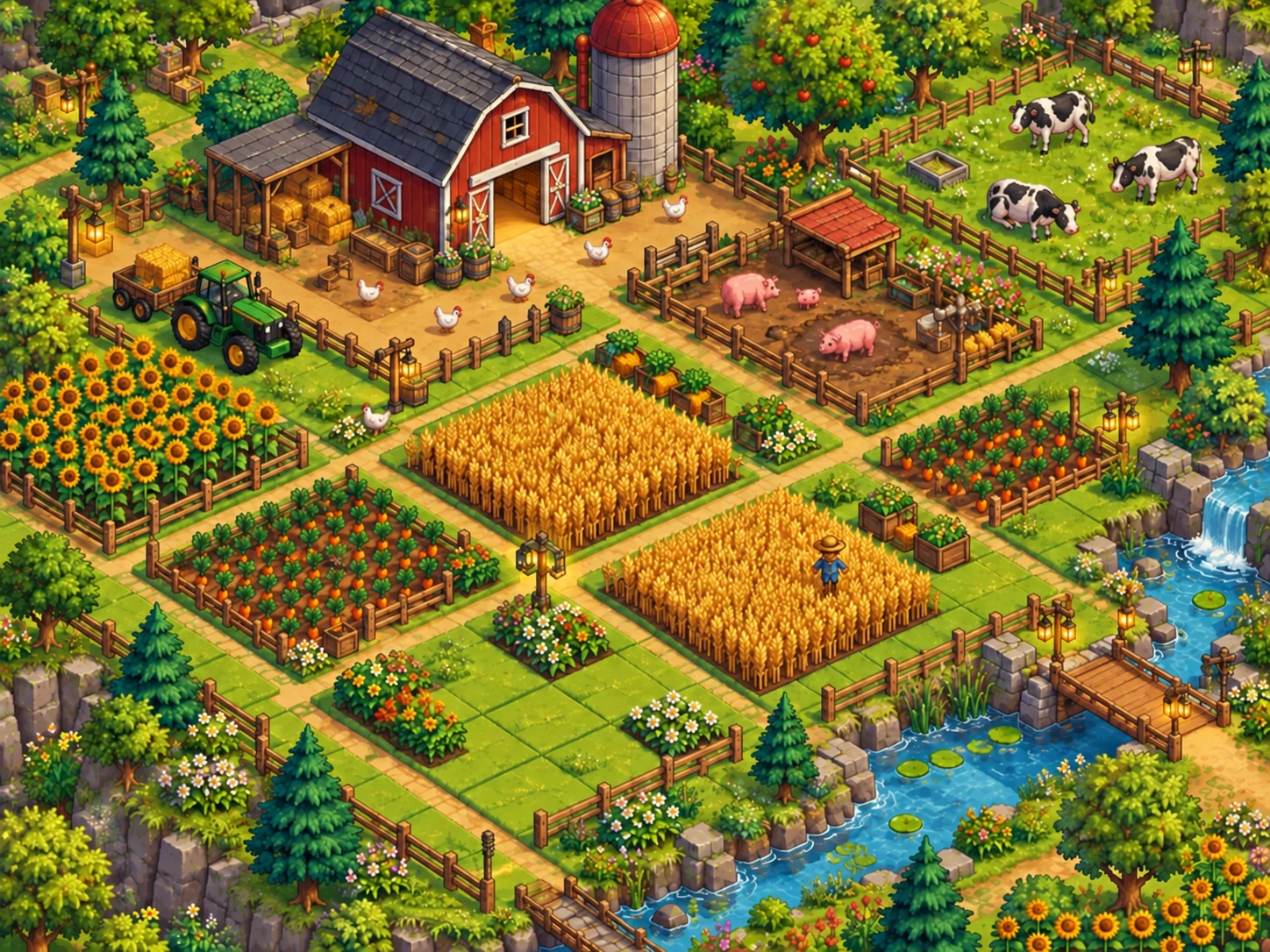 Illustrative tiled farm with crops, tractor, chickens, pigs and cows; concept artwork, not a Tile Farmer screenshot